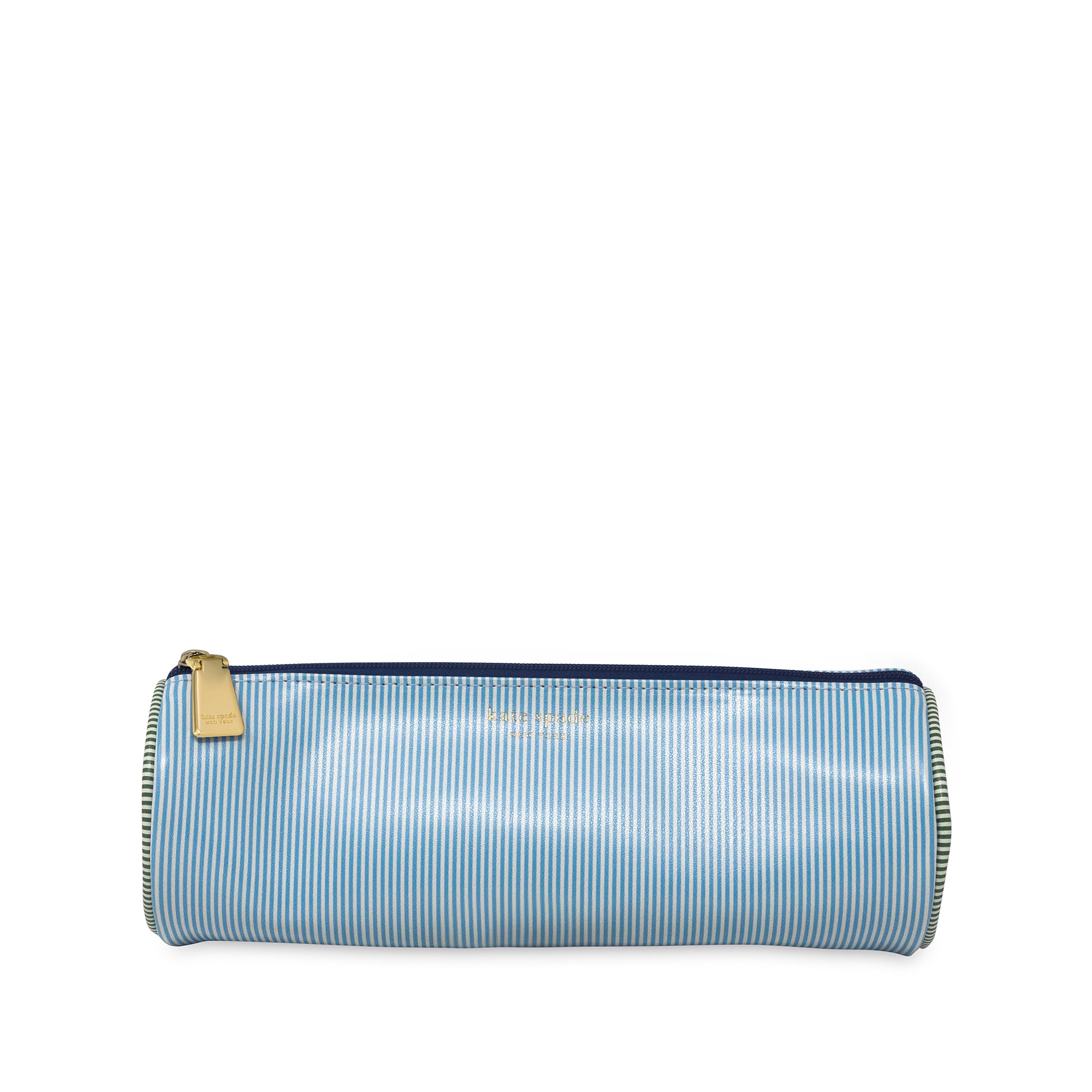 Blue striped cylindrical pouch with gold zipper on a white background