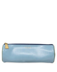 Blue striped cylindrical pouch with gold zipper on a white background