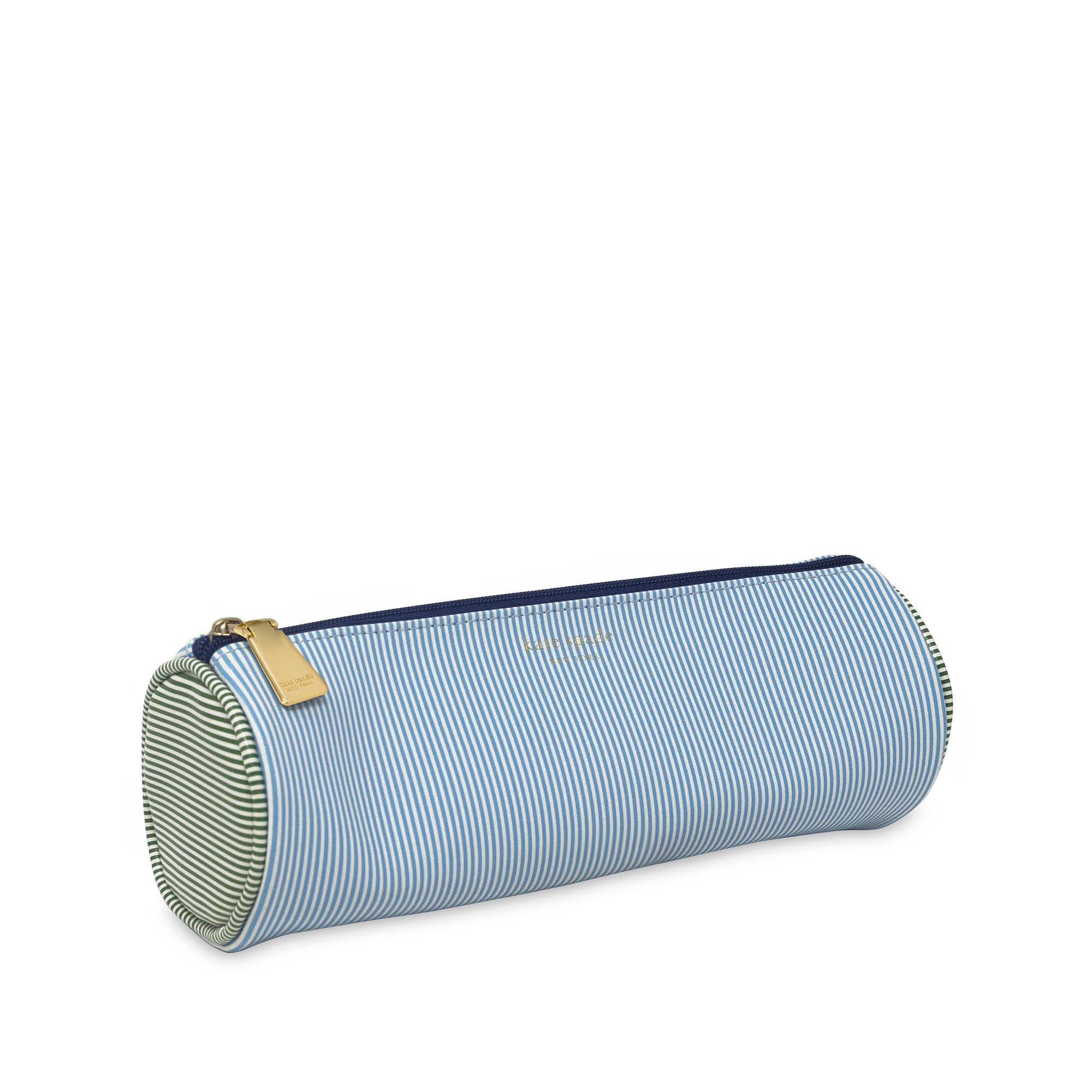  cylindrical blue and white striped pouch with gold zipper on a white background