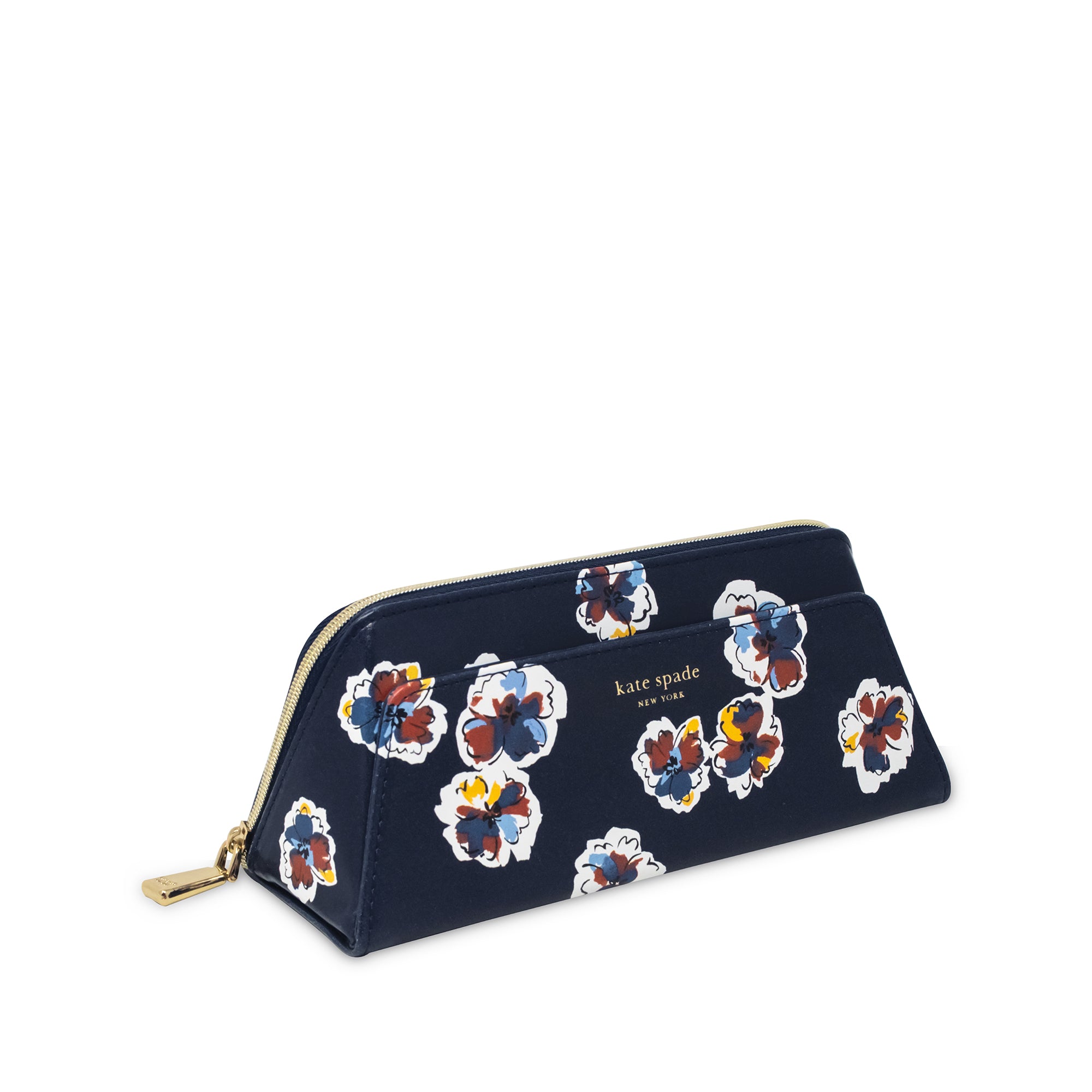 A navy blue zippered pouch by Kate Spade New York, decorated with a colorful floral pattern in white, blue, orange, and yellow, featuring gold-tone hardware.