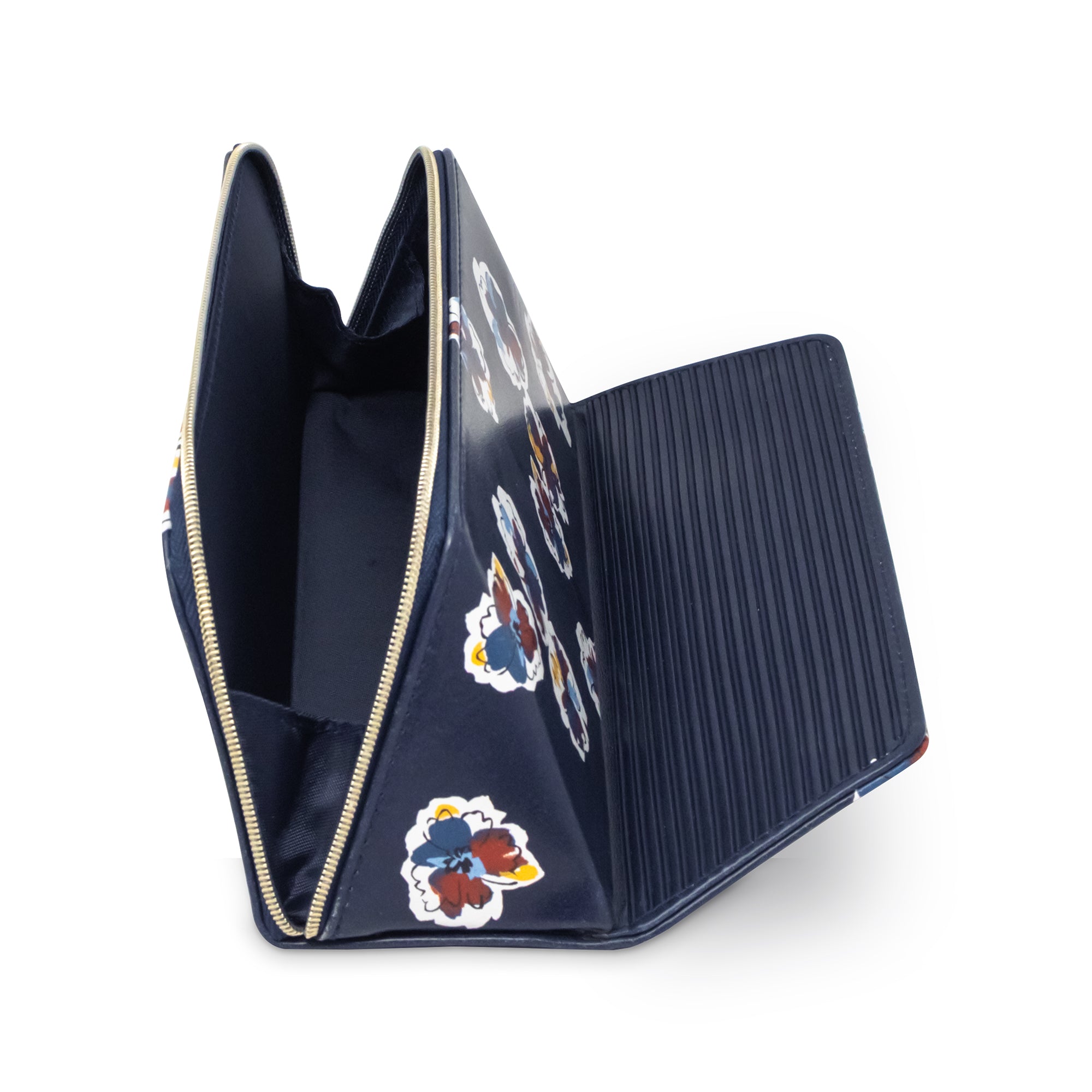 A navy blue zippered pouch with a textured vertical stripe pattern on the exterior and colorful embroidered floral details, shown open on a white background.