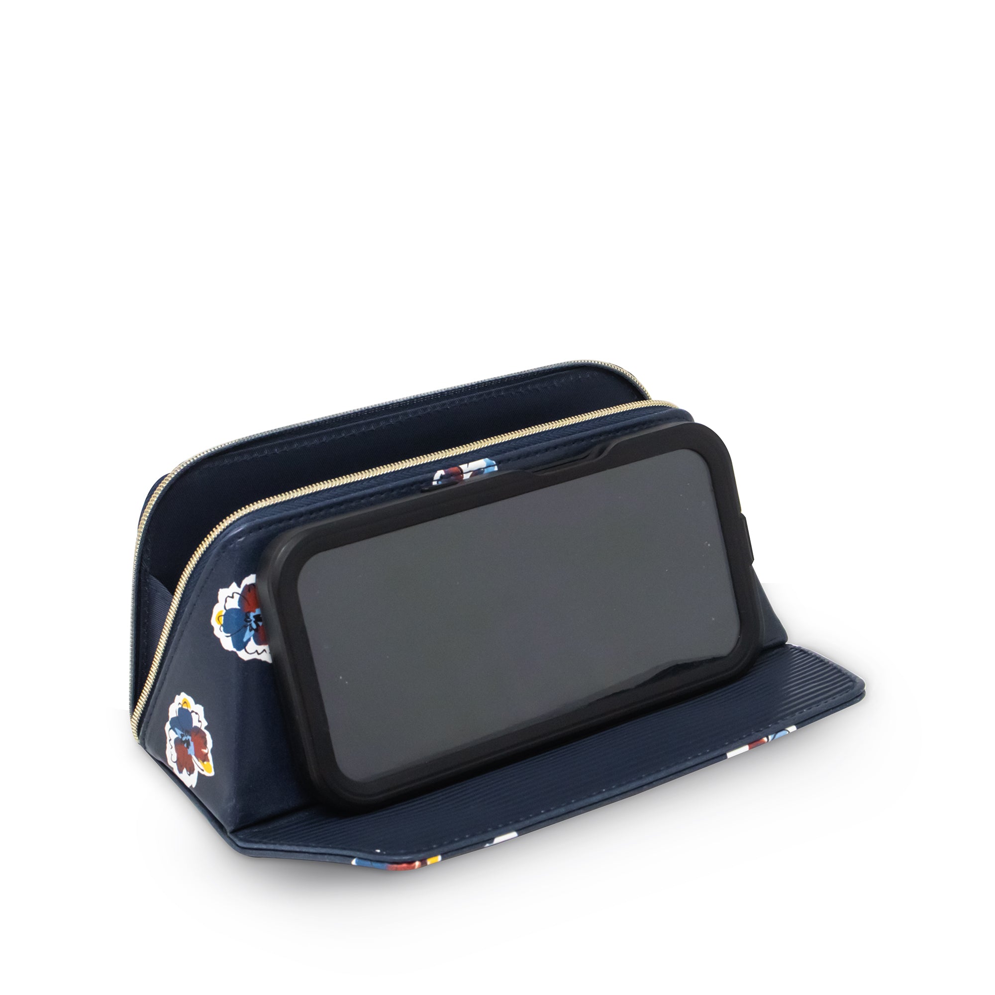 A navy blue zippered pouch with a clear protective cover over a phone, featuring small colorful cartoon character stickers on the exterior, set against a plain white background.