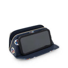 A navy blue zippered pouch with a clear protective cover over a phone, featuring small colorful cartoon character stickers on the exterior, set against a plain white background.