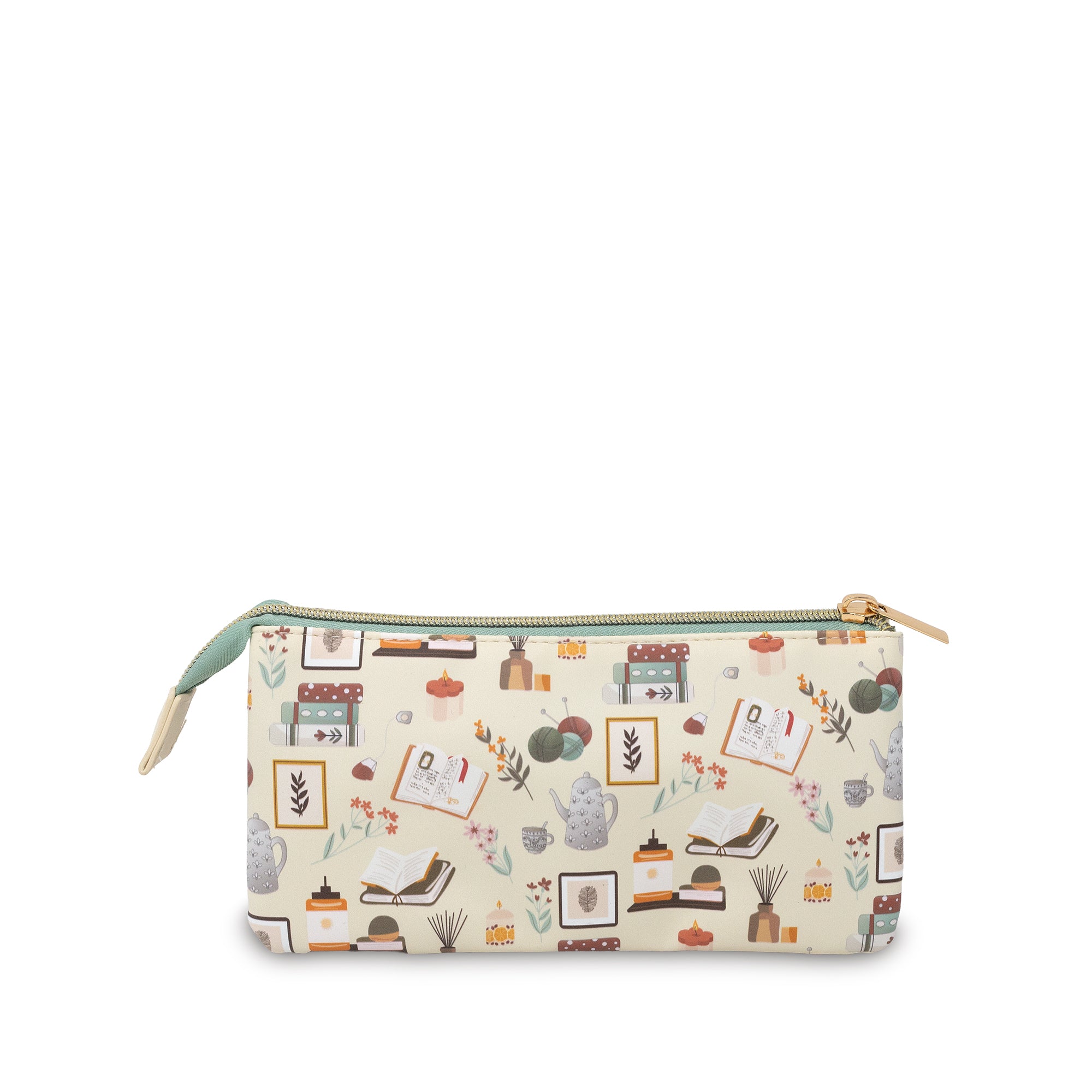 Pencil case with a pattern of books and plants on a beige background