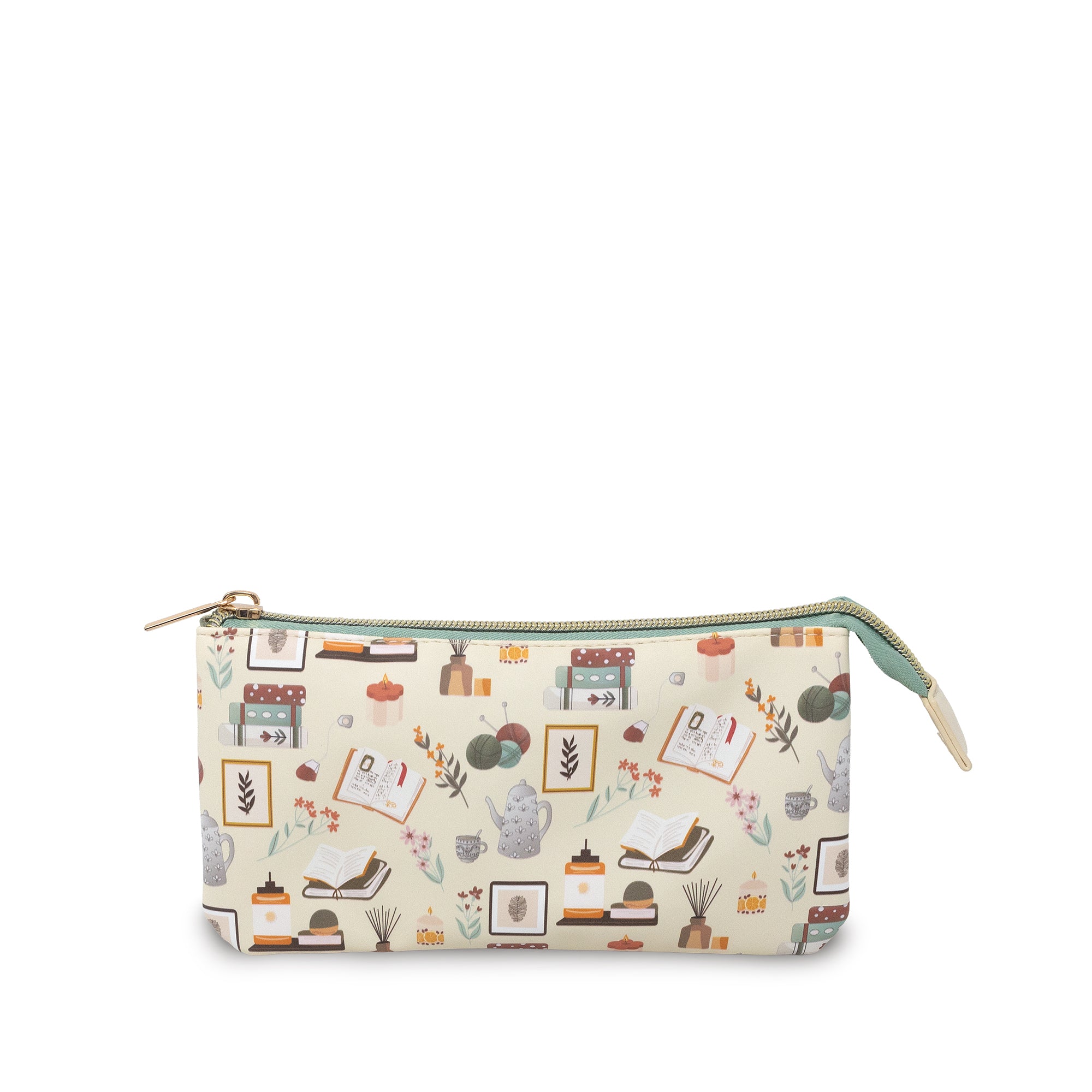 Pouch with a pattern of books and stationery items on a white background