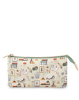 Pouch with a pattern of books and stationery items on a white background