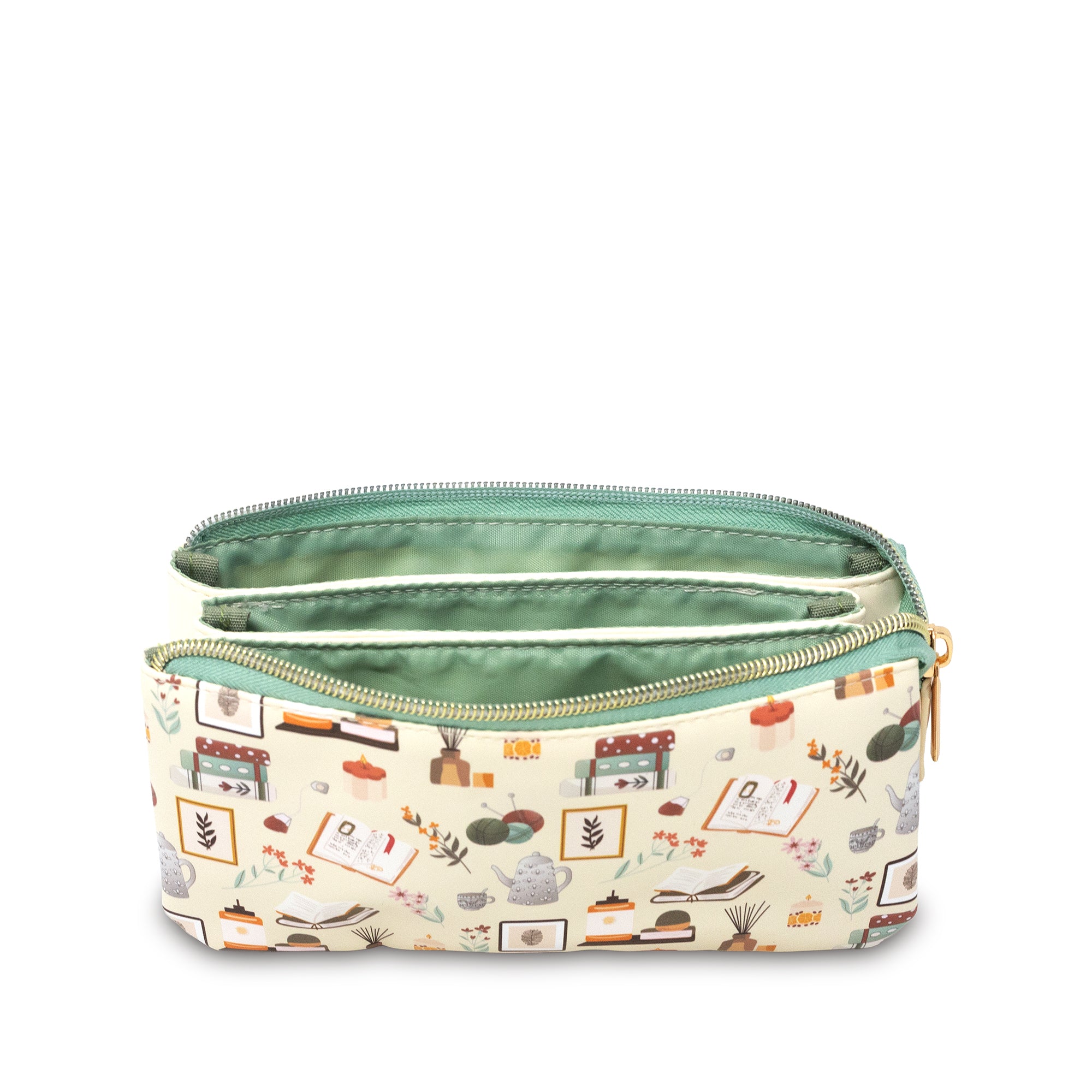 Cosmetic bag with a patterned design on a white background