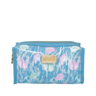 Blue pouch with floral pattern and gold zipper on a white background