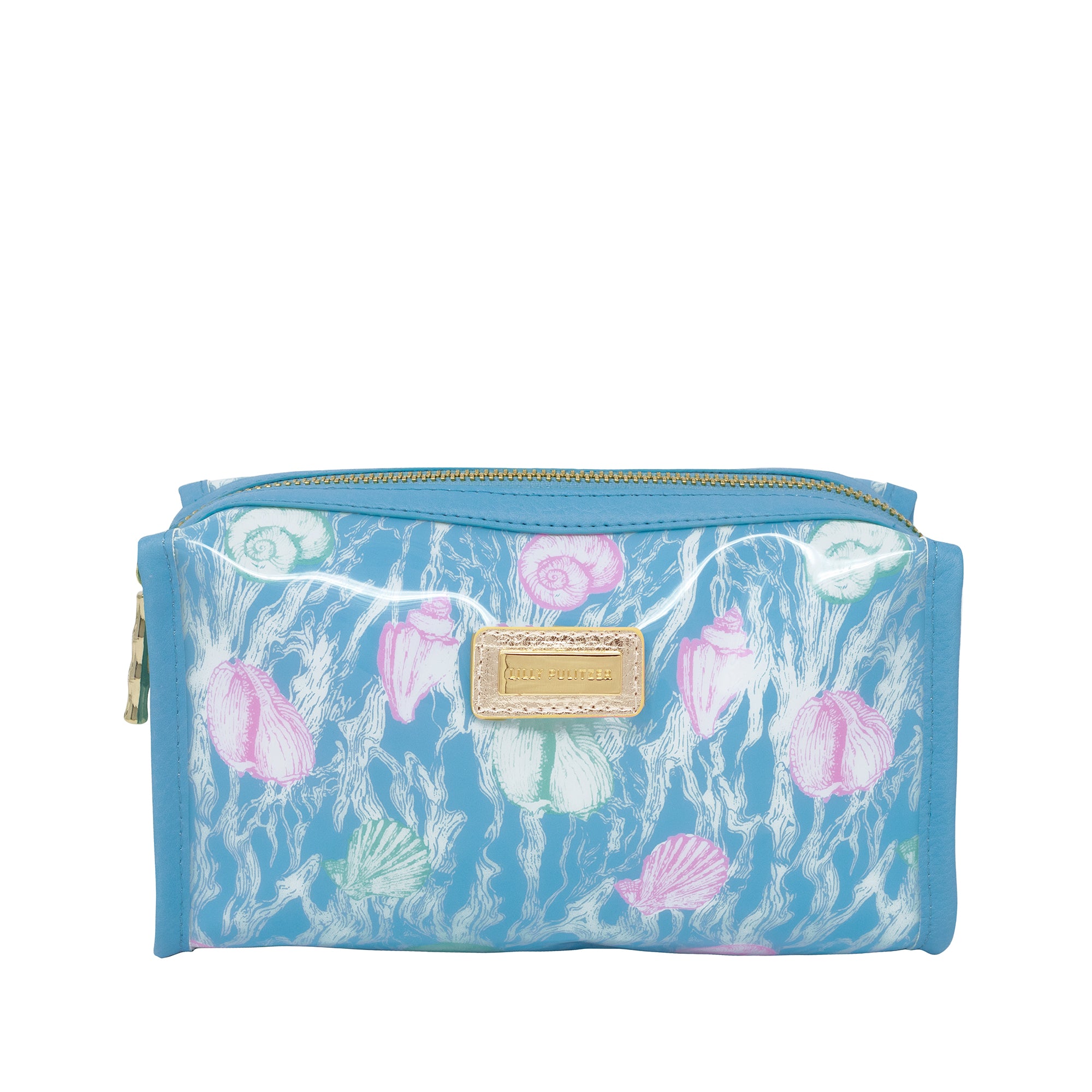Blue pouch with floral pattern and gold zipper on a white background