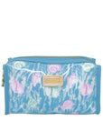 Blue pouch with floral pattern and gold zipper on a white background