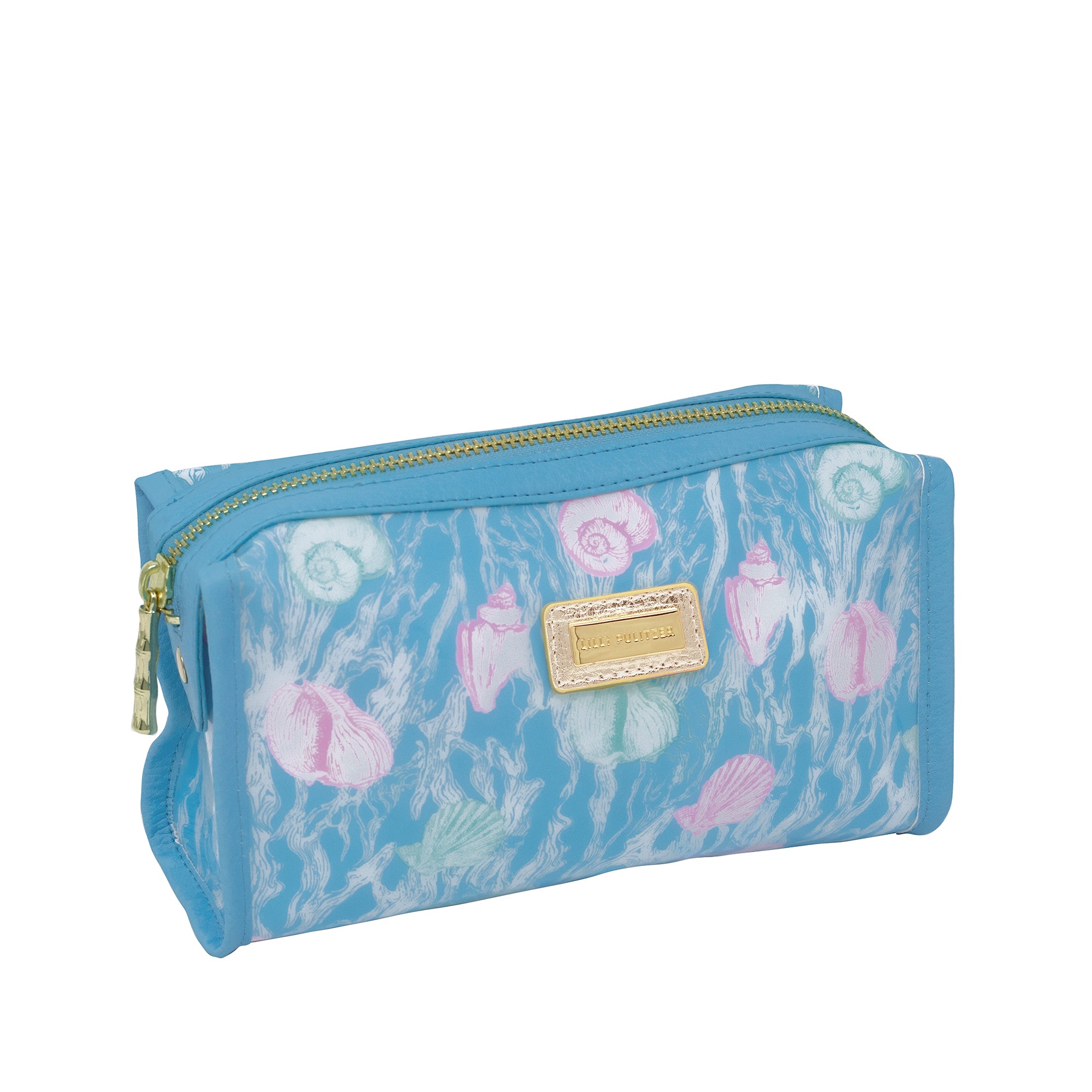 Blue pouch with shell pattern and gold zipper on a white background