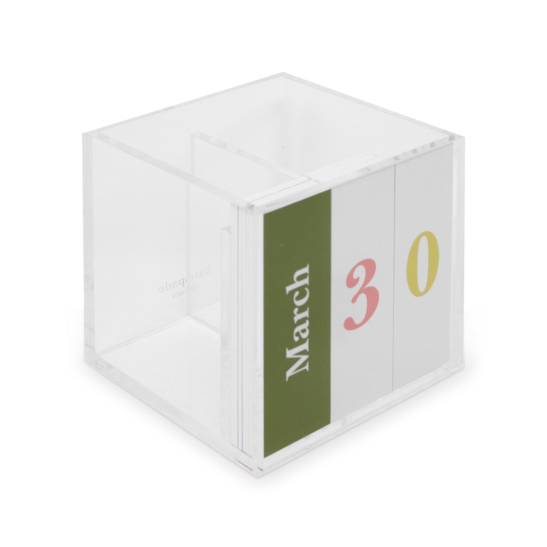 White cube-shaped calendar with 'March 30' on a white background