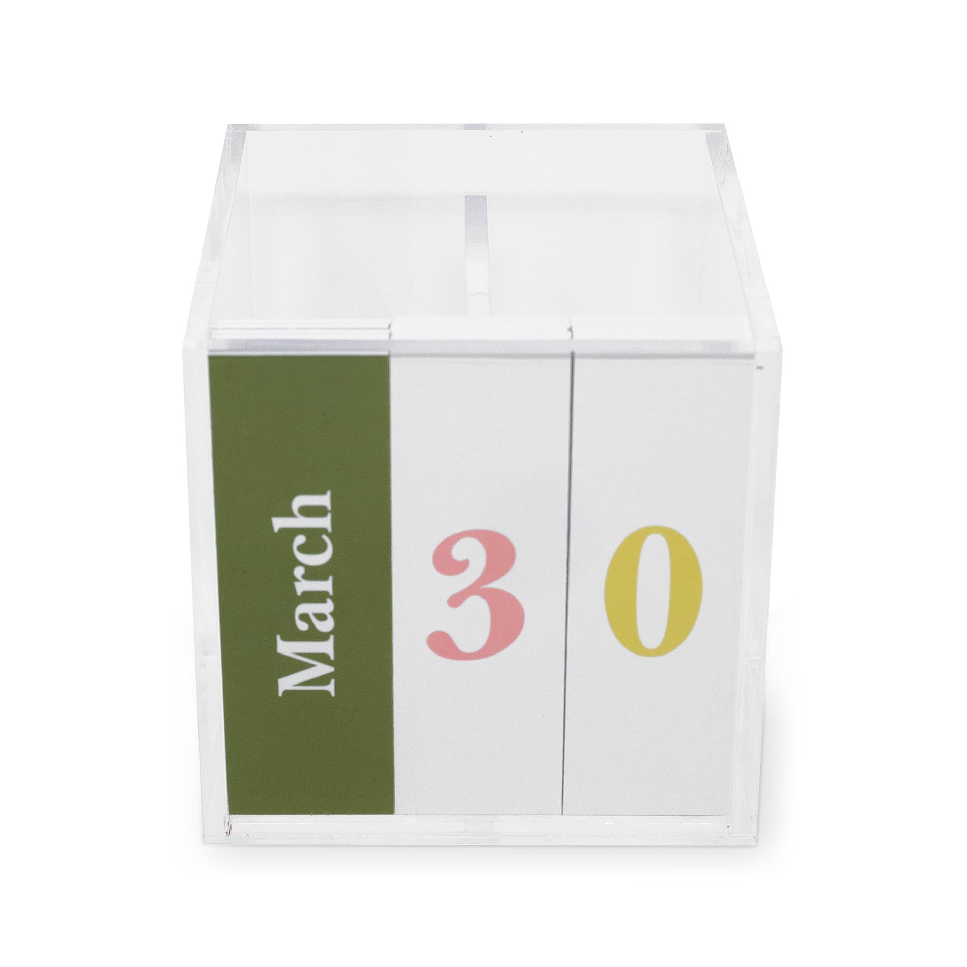 Calendar cube showing March 30th on a white background