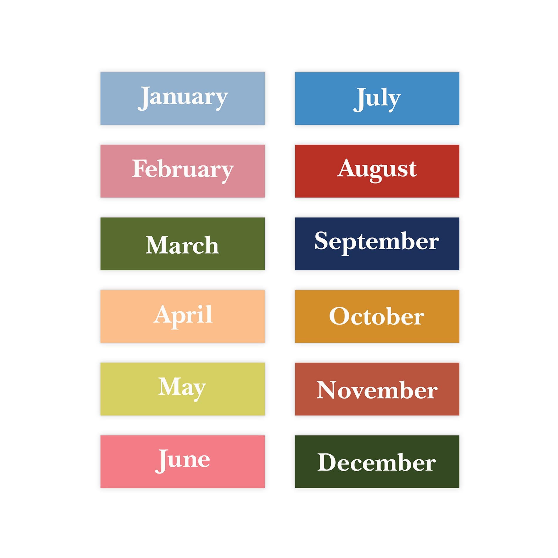 Colorful labels for each month of the year on a white background