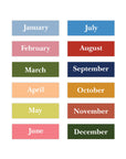 Colorful labels for each month of the year on a white background