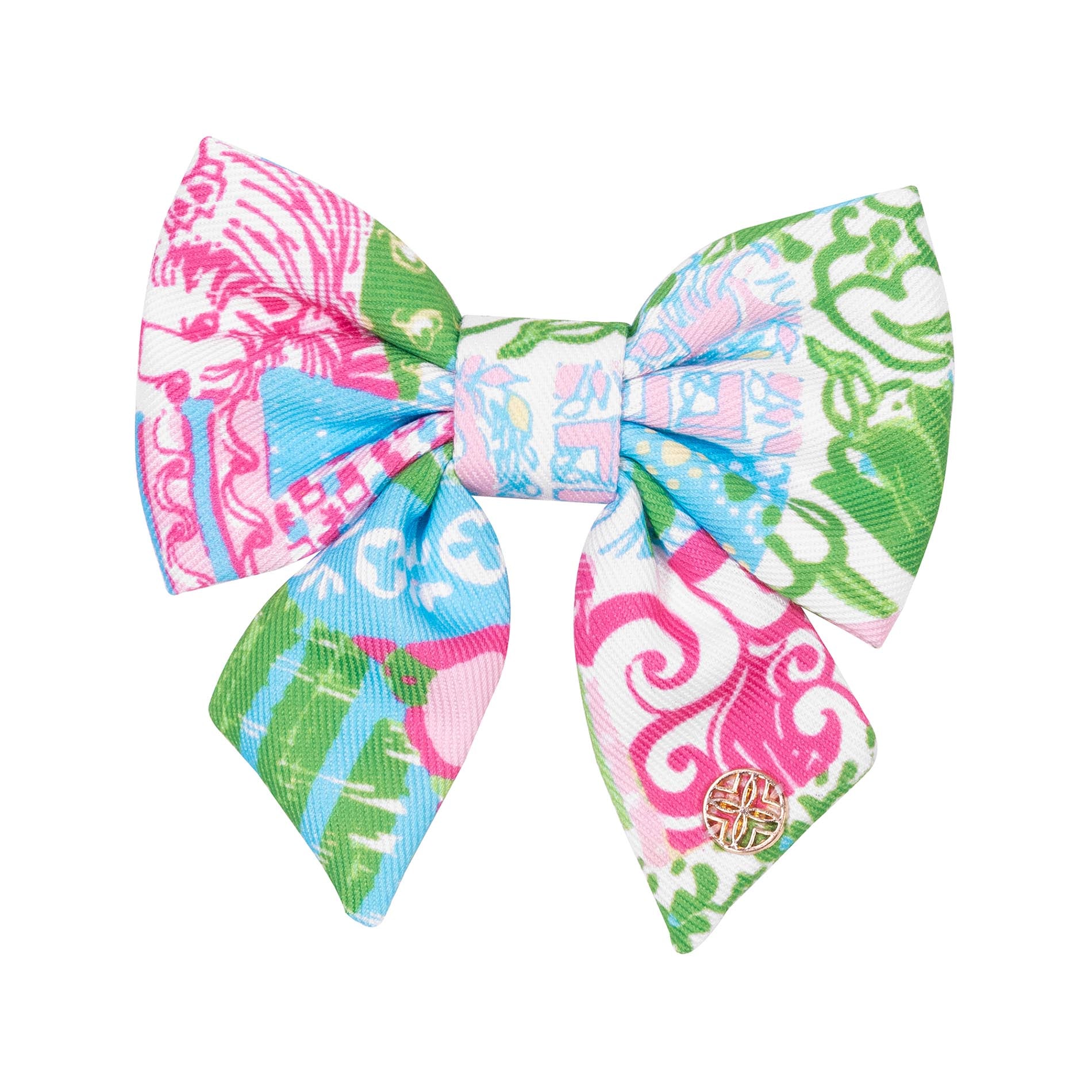 Colorful patterned hair bow on a white background