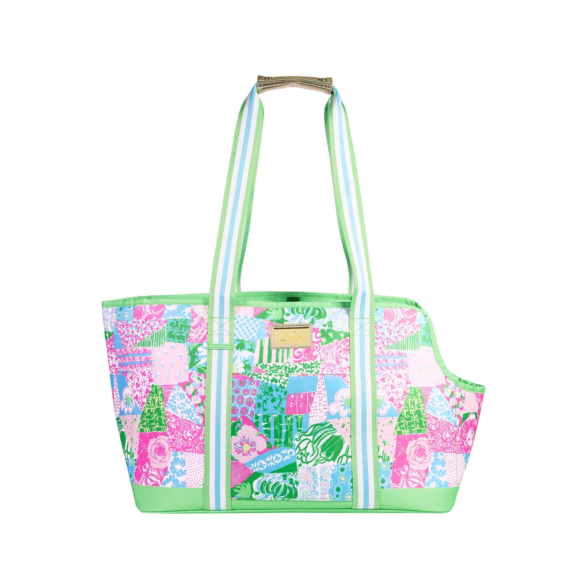Colorful pet carrier with floral pattern on a white background