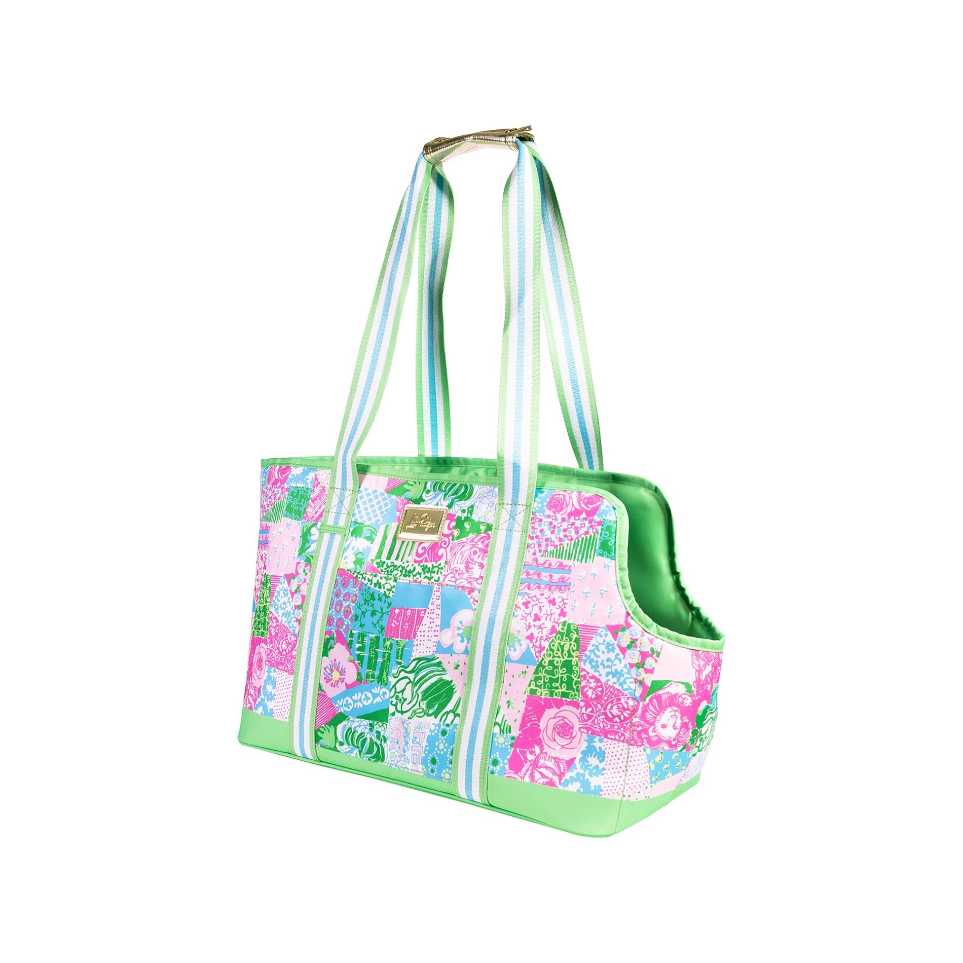 Side view of colorful pet carrier with floral pattern on a white background