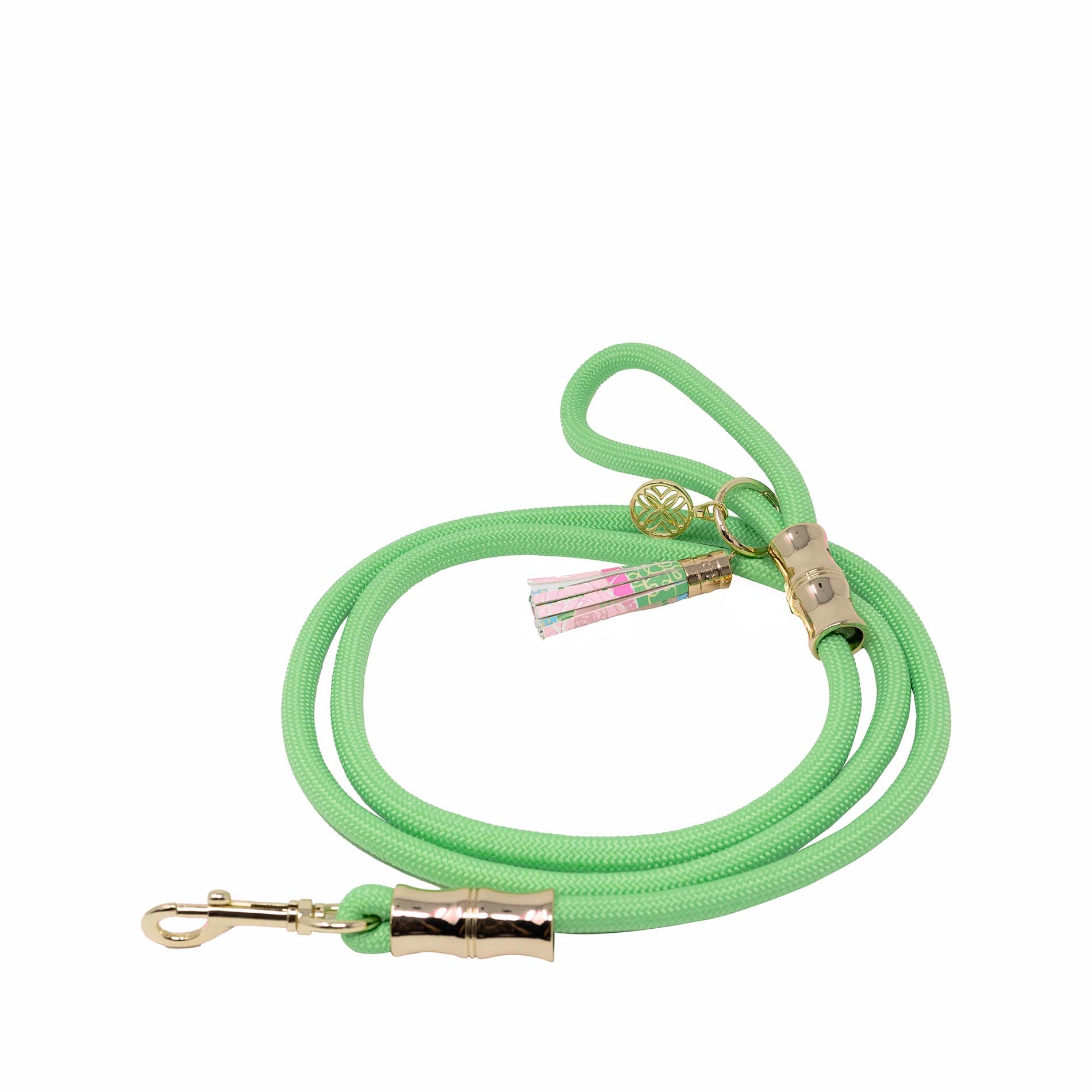Green dog leash with gold hardware on a white background