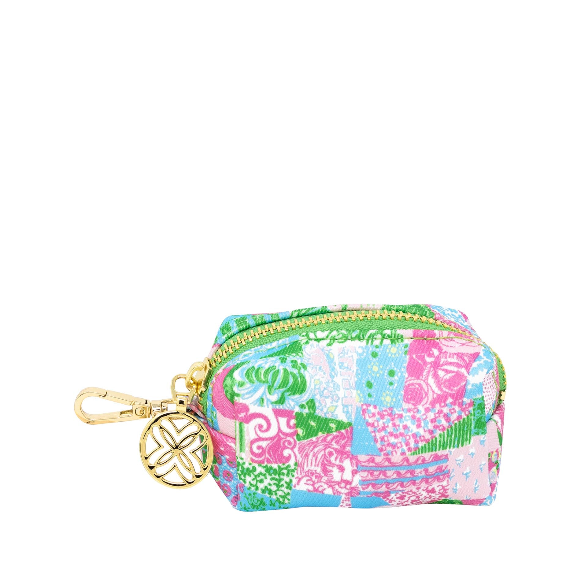 Colorful patterned pet waste holder with a gold keychain on a white background