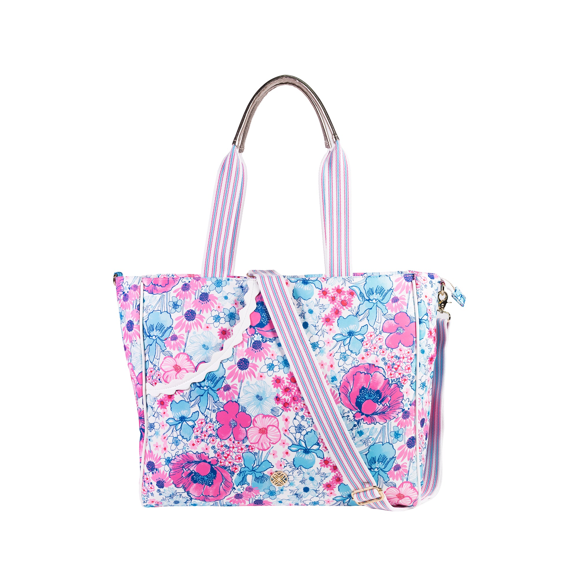pink and blue floral pickleball bag with stripe straps and ric rac detail