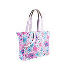 side view of pink and blue floral pickleball bag with stripe straps and ric rac detail