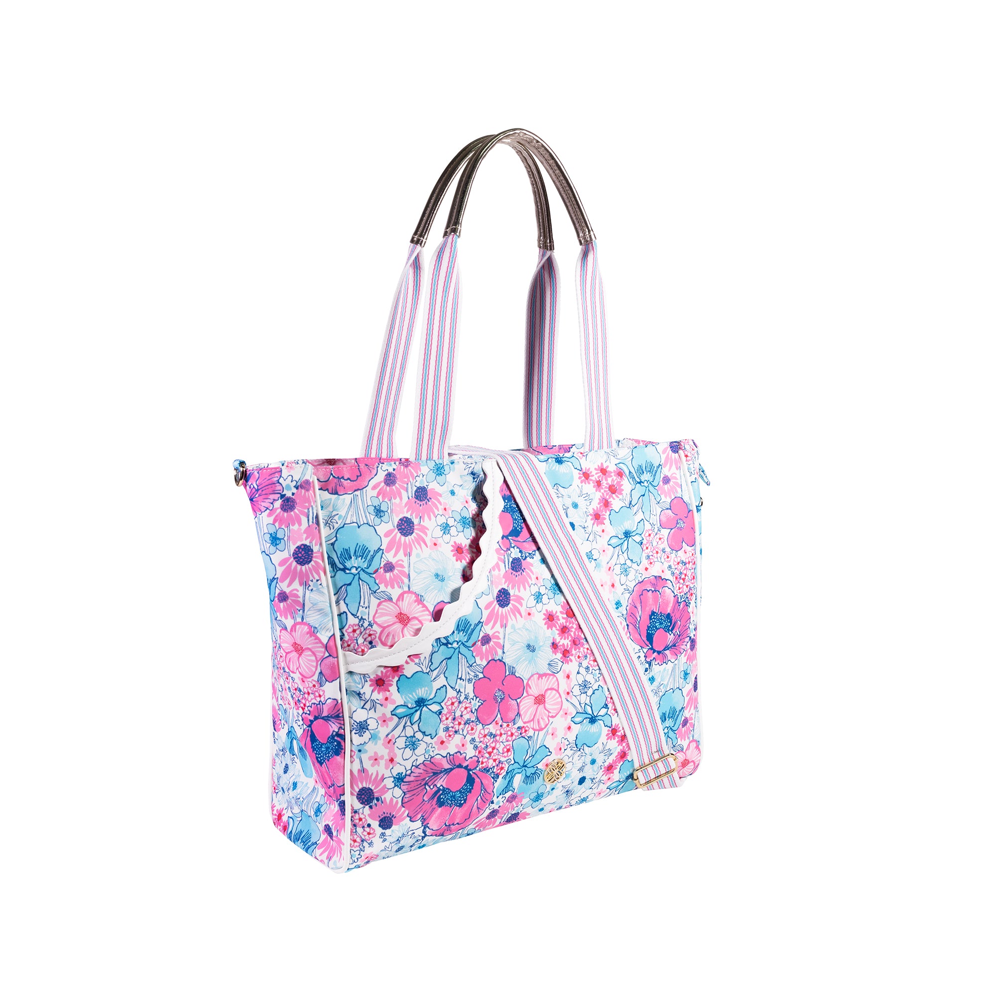 side view of pink and blue floral pickleball bag with stripe straps and ric rac detail