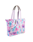 side view of pink and blue floral pickleball bag with stripe straps and ric rac detail