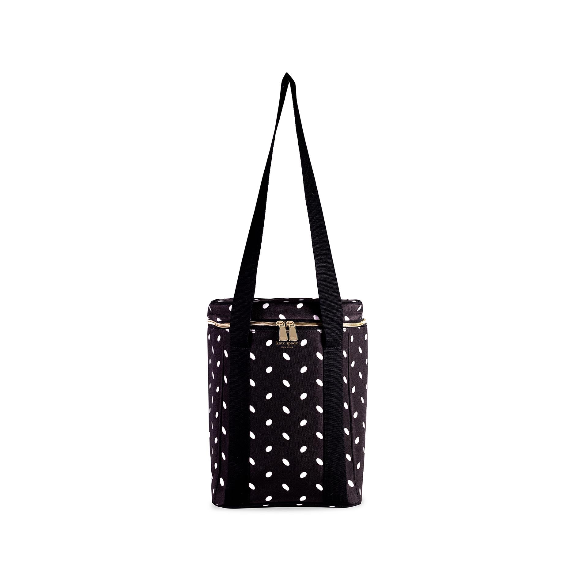 Black tote bag with white polka dots on a white background