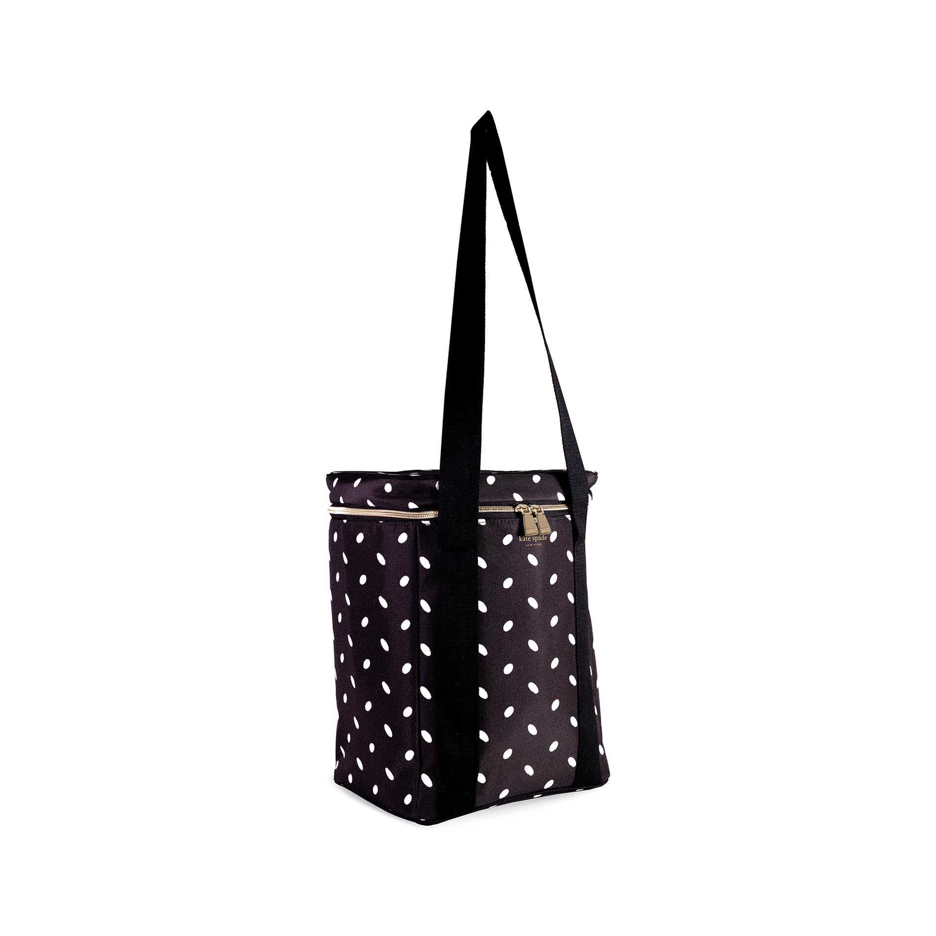 Black tote bag with white polka dots on a white background