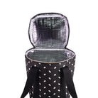 Black and white polka dot insulated cooler bag with open lid on a white background