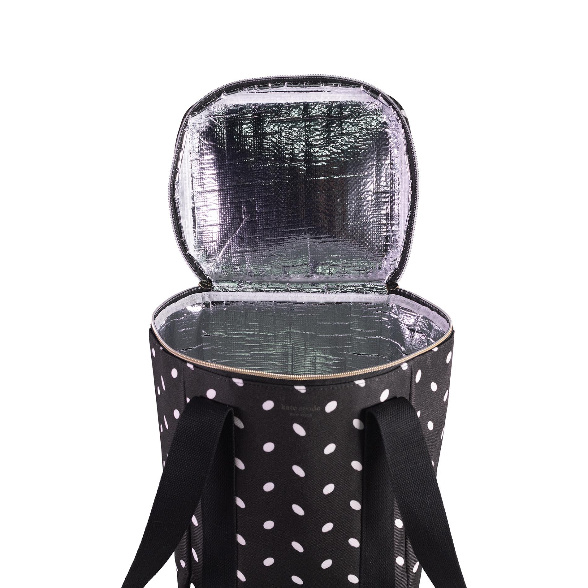 Black and white polka dot insulated cooler bag with open lid on a white background