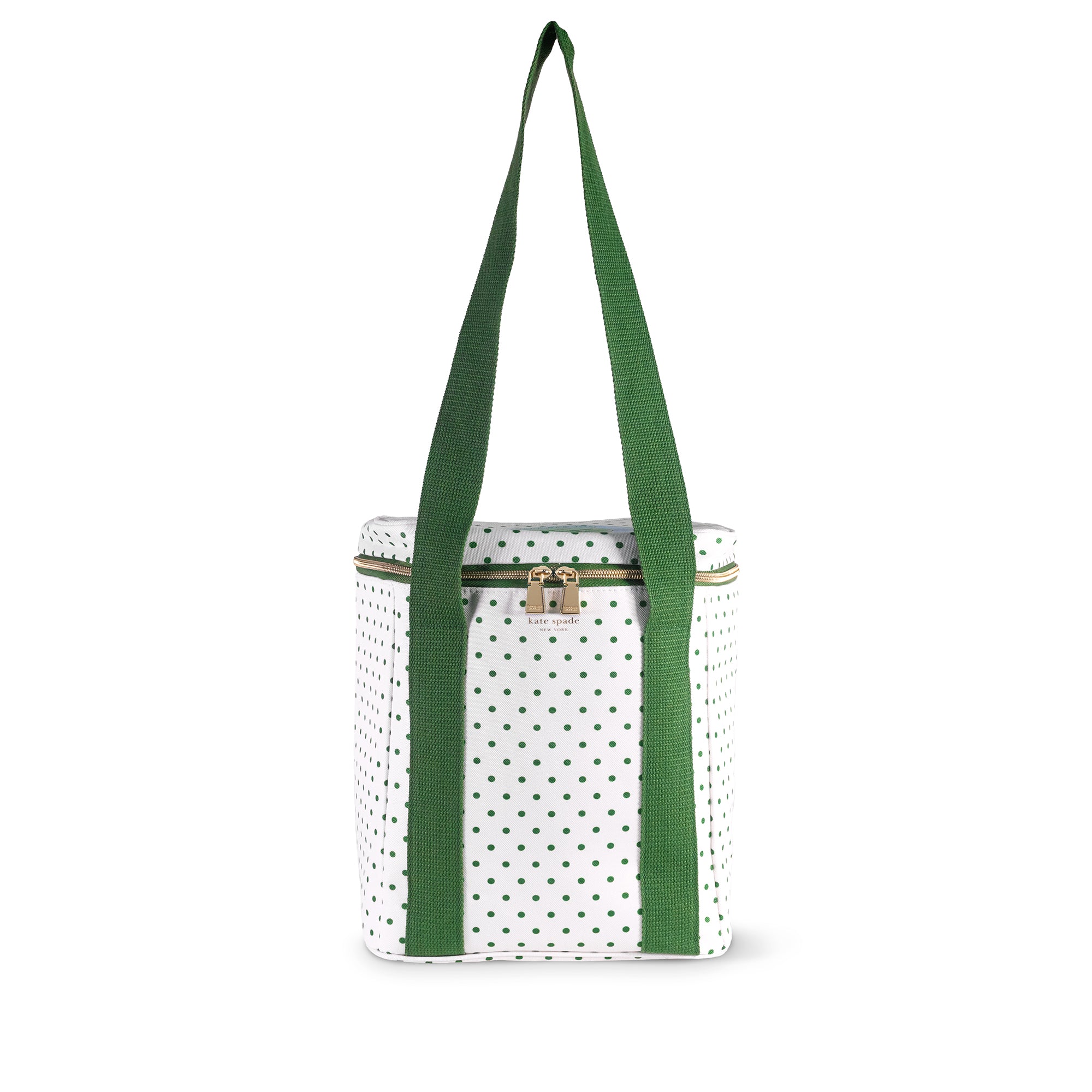 White polka dot bag with green strap on a white background