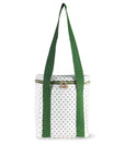 White polka dot bag with green strap on a white background