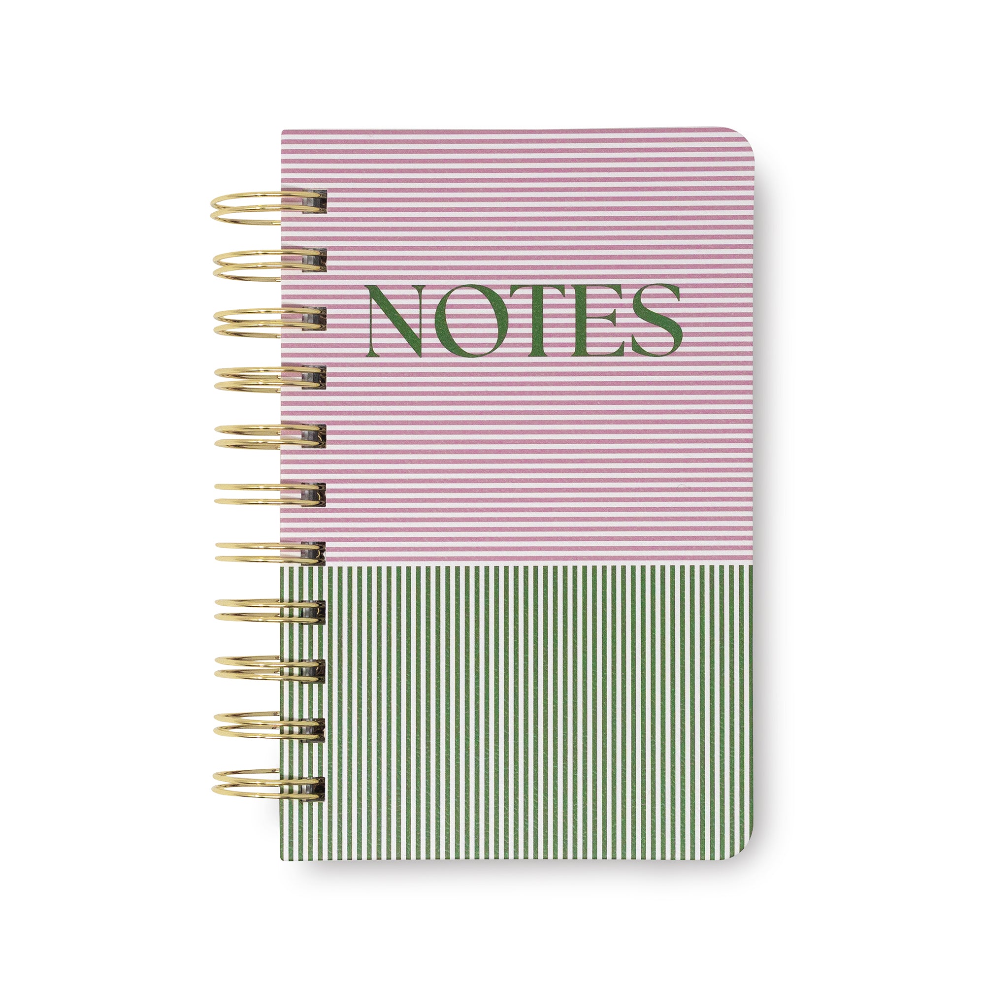 Notebook with pink and green striped cover and 'NOTES' text on a white background