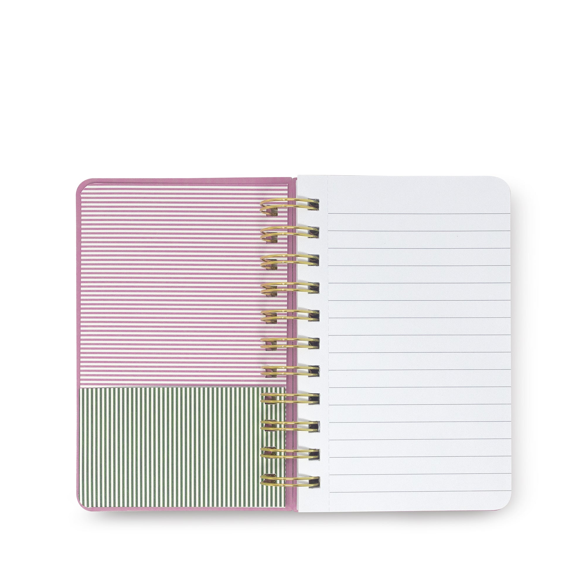 Notebook with pink and green striped design on a white background
