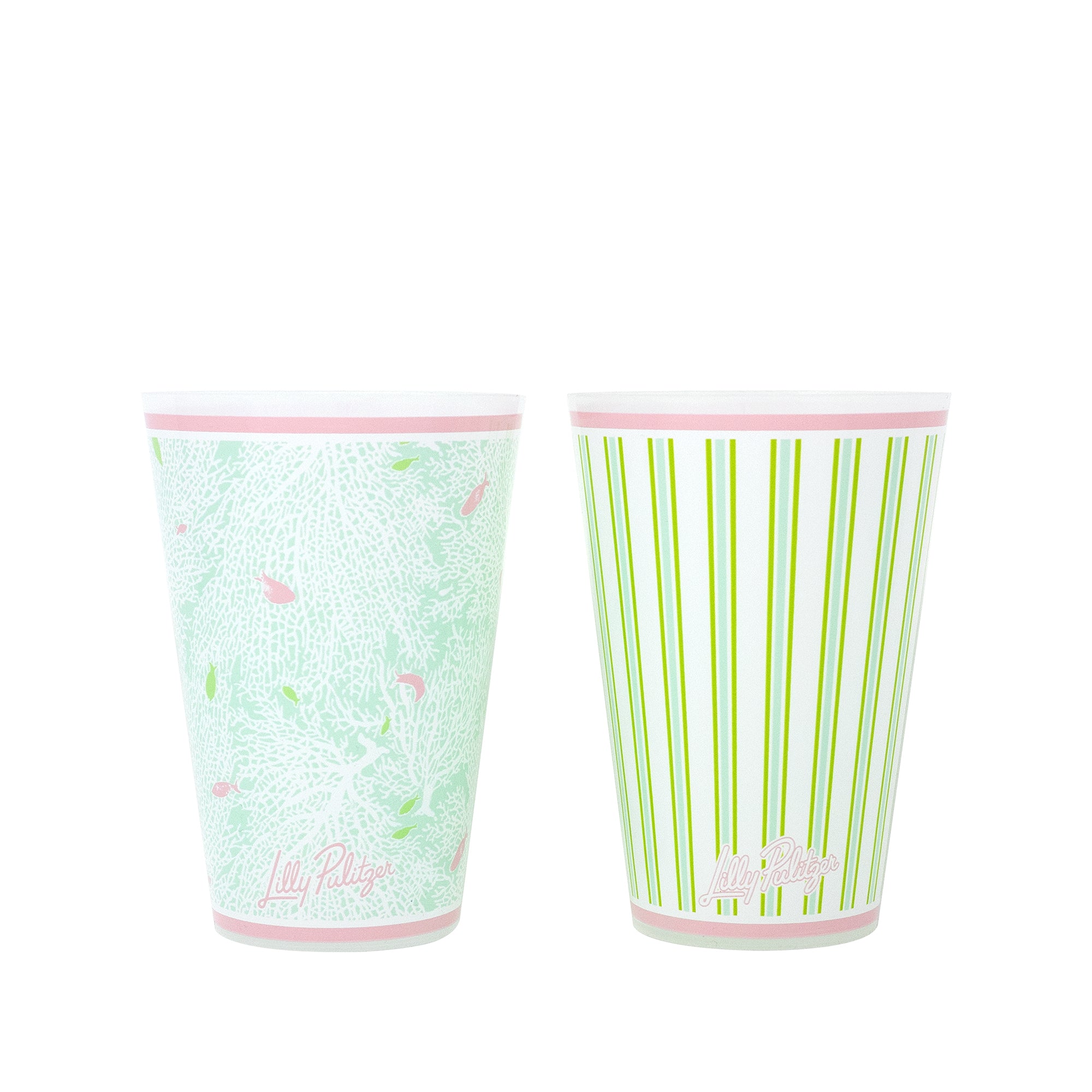 Two patterned cups with pink accents on a white background