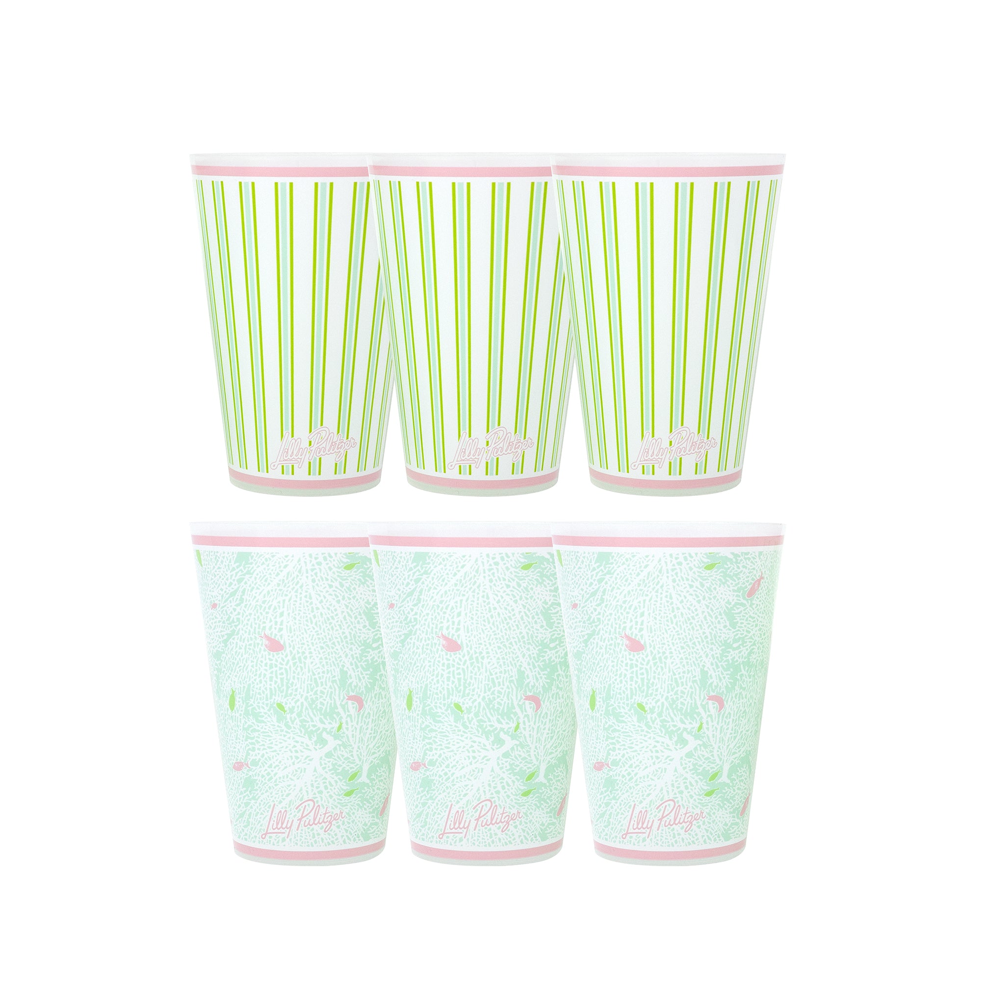 Set of three paper cups with green striped and floral patterns on a white background