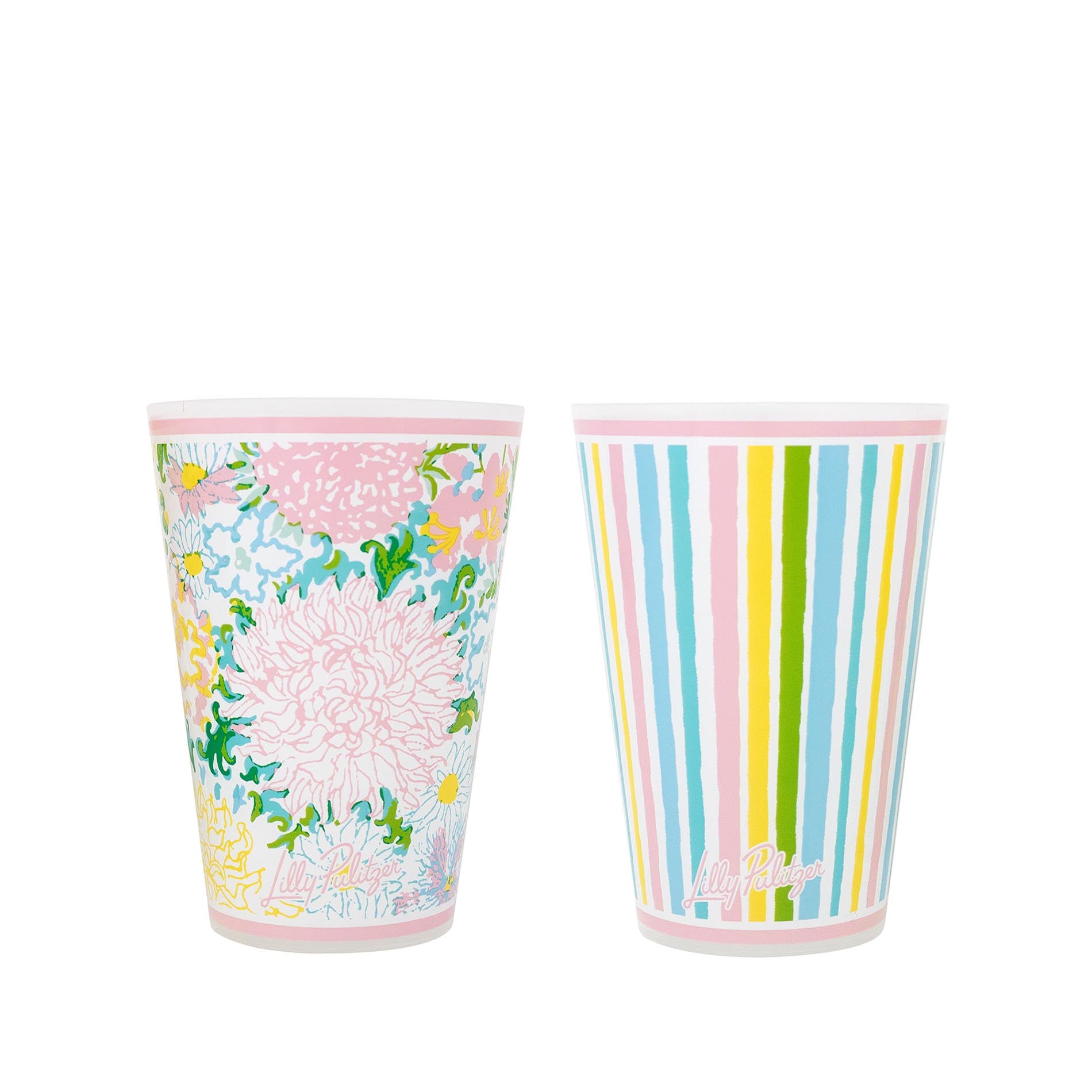 Two colorful cups, one with floral design and the other with striped pattern, on a white background.