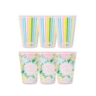 Two sets of colorful cups with striped and floral patterns on a white background
