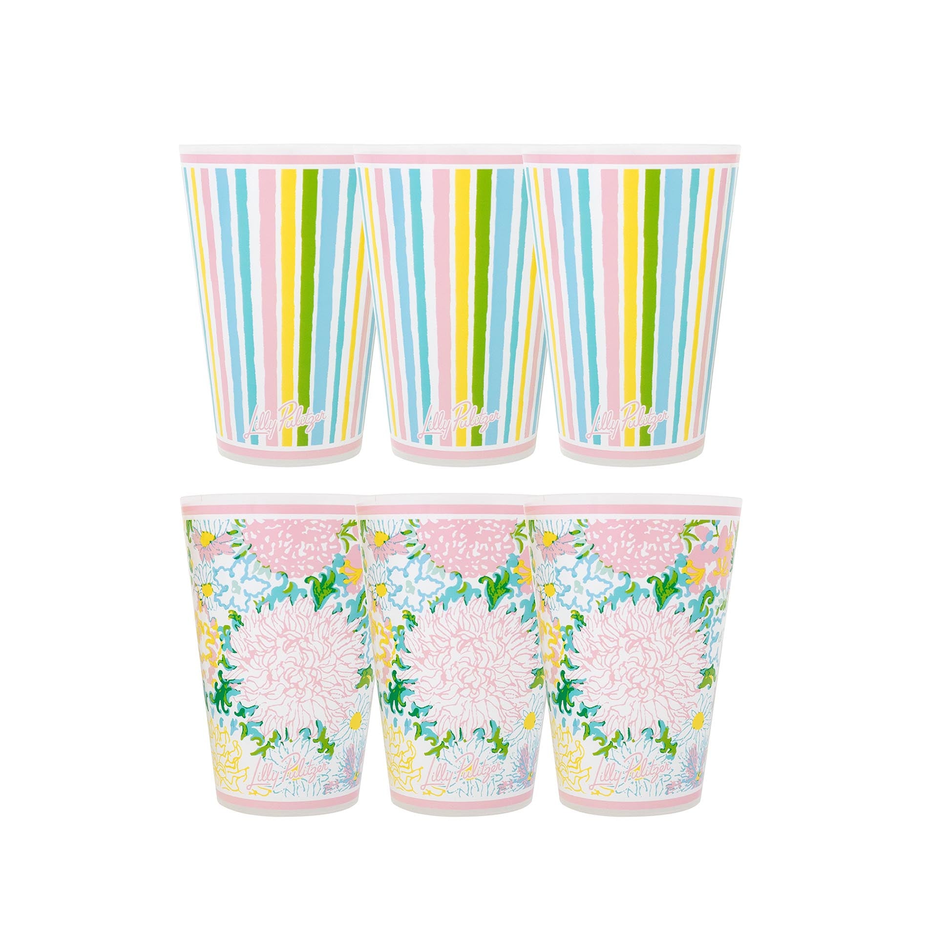 Two sets of colorful cups with striped and floral patterns on a white background