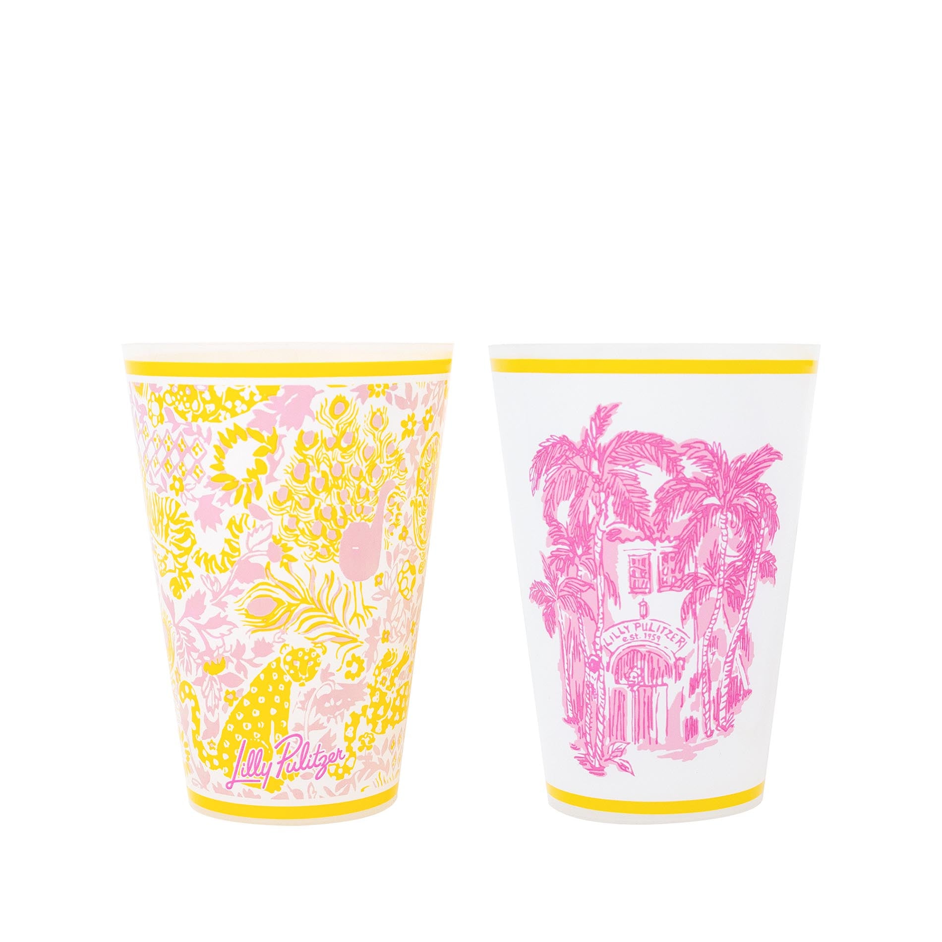 Two colorful tumblers with floral and palm tree designs on a white background