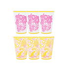 Set of six cups with pink and yellow designs on a white background