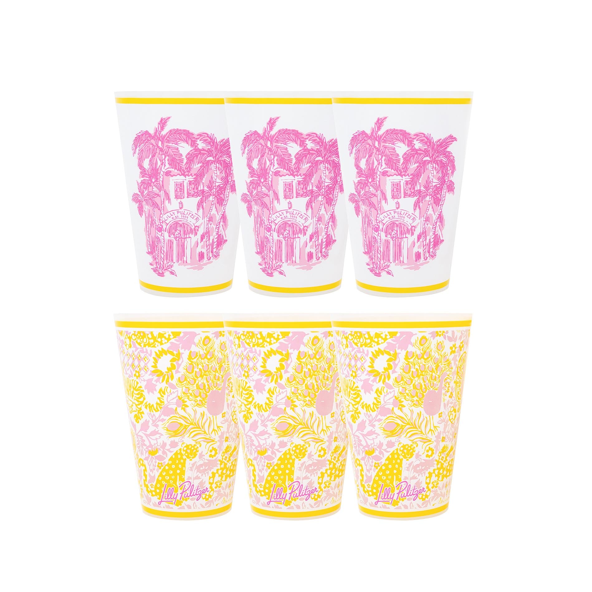 Set of six cups with pink and yellow designs on a white background