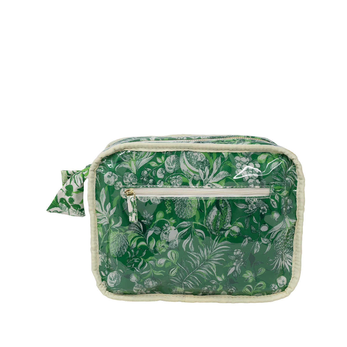 A green toiletry bag with a white botanical and tropical leaf pattern, featuring a front zippered pocket and a matching fabric loop handle, shown against a plain white background.