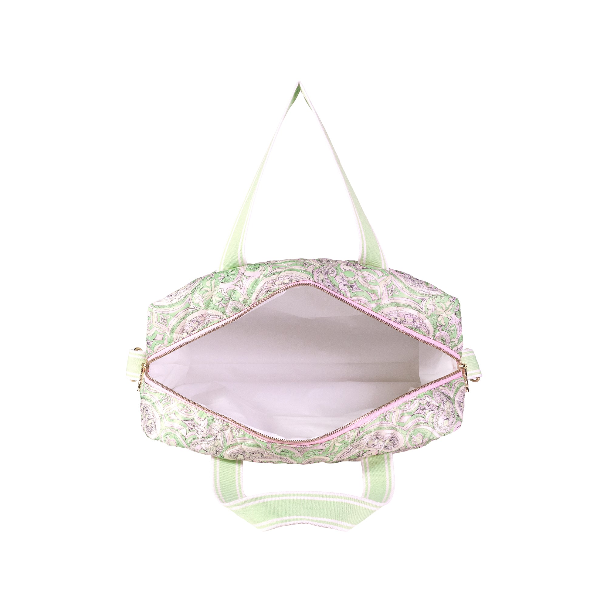 An open top view of a light green and pink paisley patterned duffel bag with a pale pink interior and light green handles, shown on a white background.
