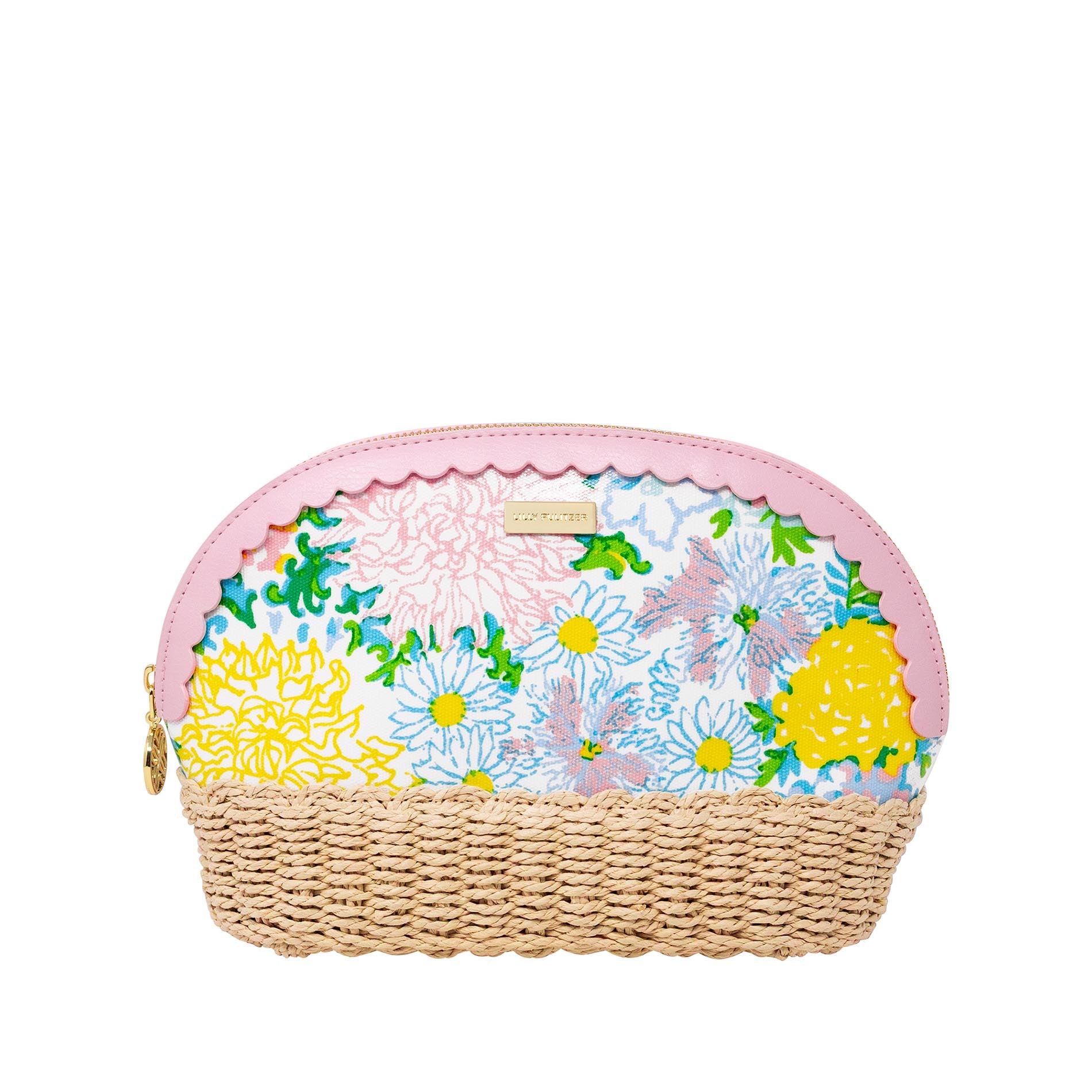 Floral-patterned pouch with a wicker base on a white background