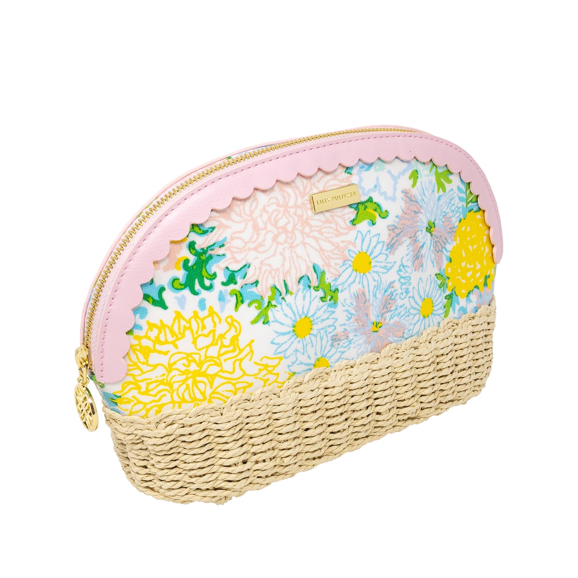 Floral-patterned pouch with straw base on a white background