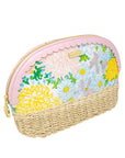 Floral-patterned pouch with straw base on a white background