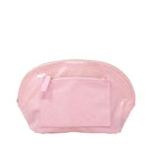 Pink cosmetic bag with a gold zipper on a white background